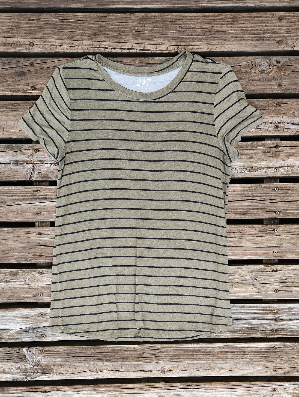 Maurices 24/7 Striped Round Neck Tee Army Green Black Medium Casual
